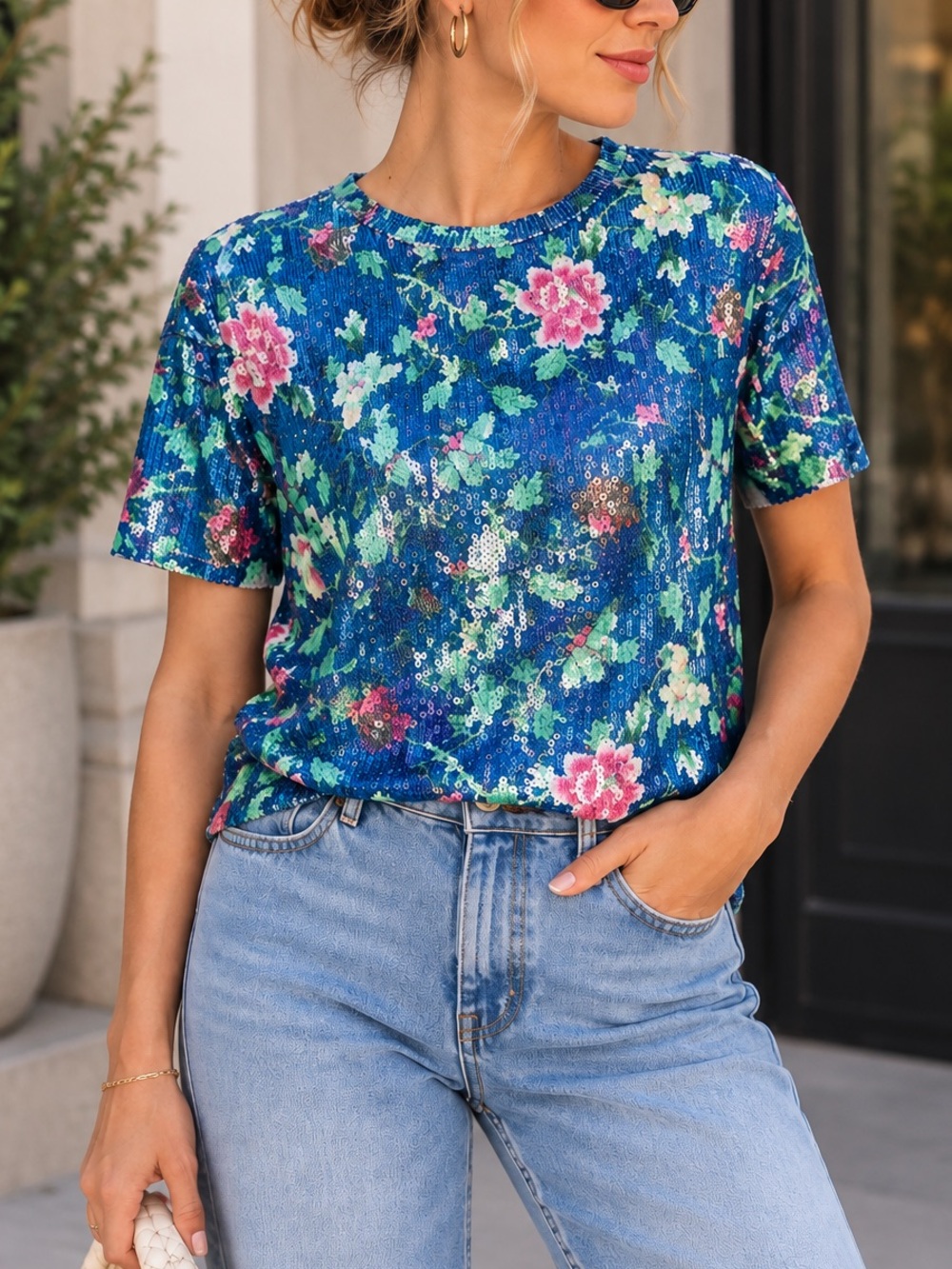 Zara Sequin Floral Top Blue Pink Sparkle Short Sleeve Y2K Size Small